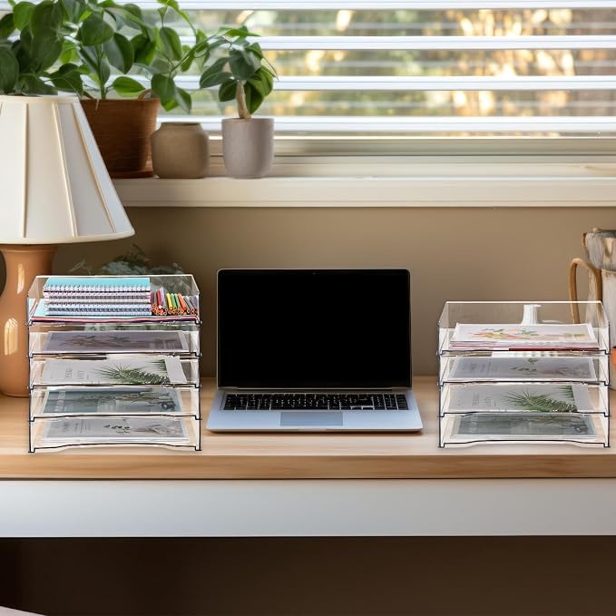 DoubleFill 12 Pcs Stackable Letter Tray Plastic Paper Tray, Clear | 13 x 9.5 x 2.6 In, Rectangular, Paper Holder, File Tray for Desktop Office Desk Drawers - Image 6