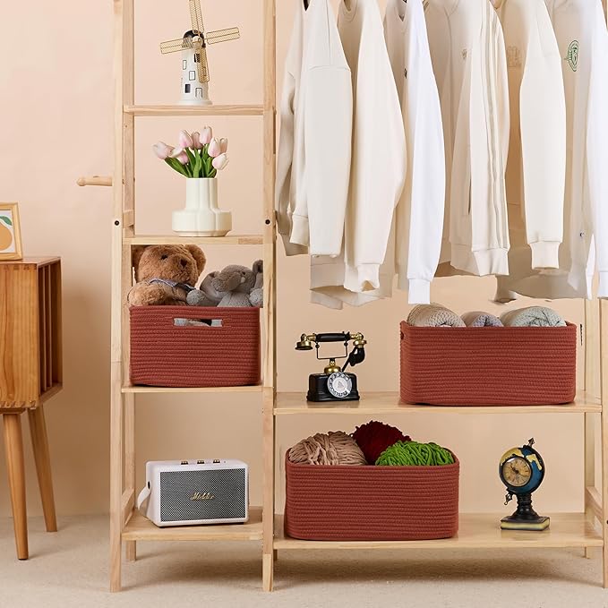 MiniArk Large Storage Baskets for Shelves, 17 x 13 x 7.5” Closet Organizers Bins for Clothes Blanket Towels, Baby Nursery, Toy Baskets Box, Woven Rope Baskets, 2 Packs Oxide Red - Image 3