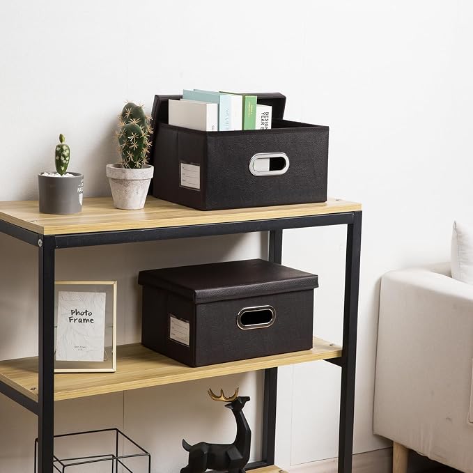 Collapsible Storage Box with Lid [3-Pack] Leather Fabric Foldable Storage Bin Organizer Container Basket Cube with Cover for Home Bedroom Closet Office Nursery Black(13.6x9.6x6.9) - Image 2