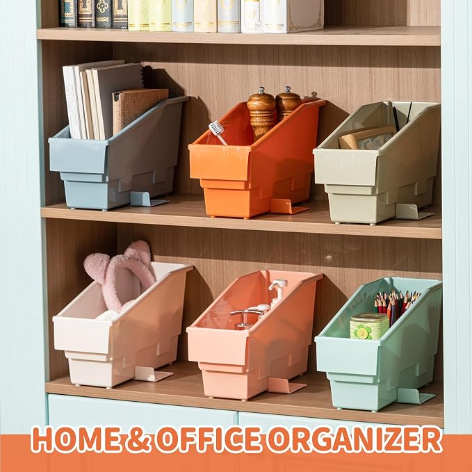 Geetery 12 Pack Non-Tip Book Bins with Stabilizer Wings Multicolor Plastic Storage Organizers Color Code Organization for Home Office Desktop Library Shelves Document Magazine File Holder (Earth Tone) - Image 5