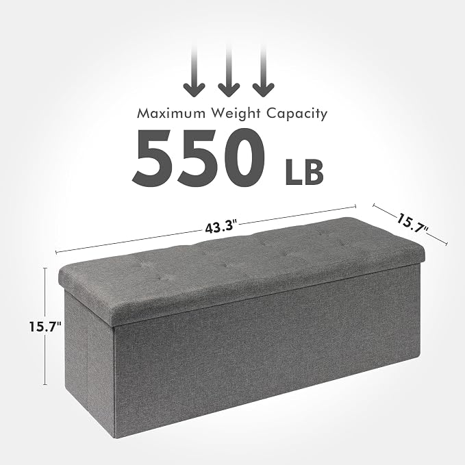 PINPLUS Folding Storage Ottoman Bench, Grey Linen Long Ottoman Chest Foot Rest Stool with Padded Seat, Chest with Cover, Bedroom Bench with Storage, 43.3inches - Image 6