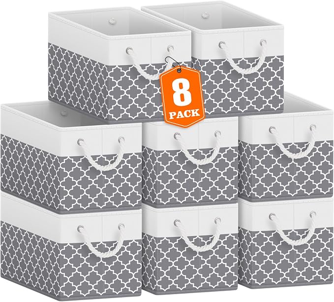 Storage Bins 8-Pack, Foldable Storage Baskets for Organizing Toys, Books, Shelves, Closet, Large Storage Box with Rope Handles, Sturdy Organizer Bins,Clover Grey by Fabtotes