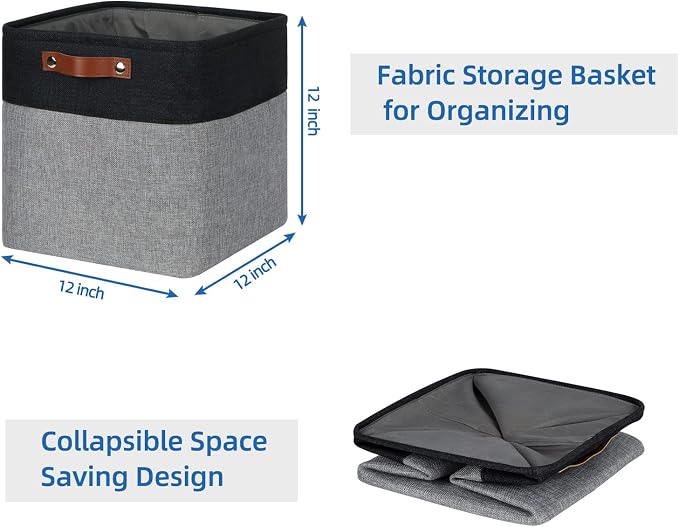 Temary Storage Baskets 12x12 Fabric Cube Storage Bins, 4 Pack Large Baskets with Handles, Baskets for Organizing Towels, Blankets, Collapsible Storage Basket (Black&Gray) - Image 7