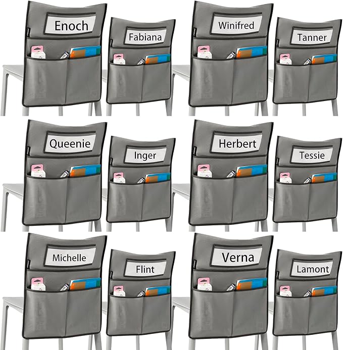 Chairback Buddy Pocket Chart Back of Chair Organizer for Classroom with Name Tag Pocket (GREY-12 PACK) by ANZORG