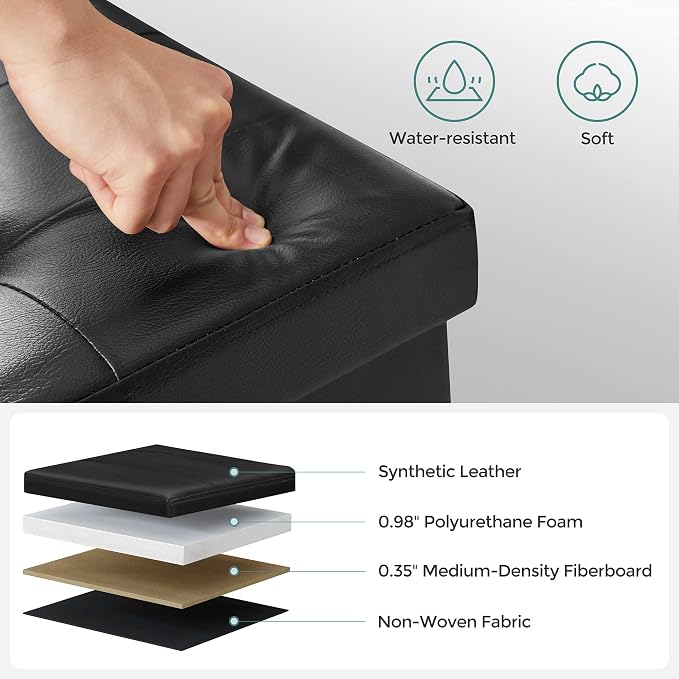 SONGMICS 43.3 Inches Folding Storage Ottoman Bench with Flipping Lid | Storage Chest Footrest Padded Seat, Iron Frame Support, Ink Black, MINOTA Collection ULSF75BK - Image 6