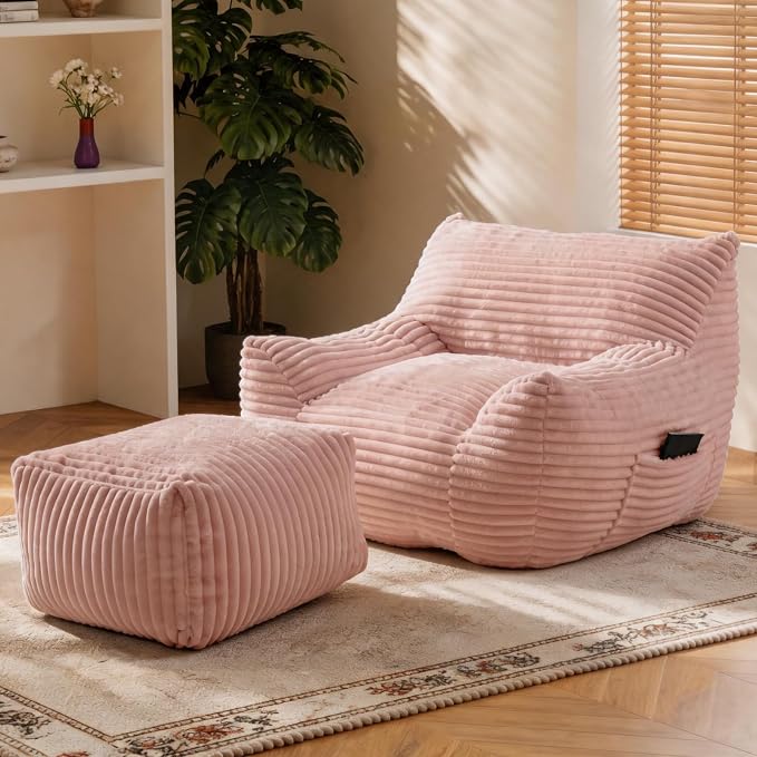 Oversized Bean Bag Chair with Ottoman, Bean Bag Couch with 2 Side Pockets, Corduroy Boneless Couch Chair in a Box, Comfy Lounge Chair for Living Room, Bedroom, Dorm, Pink by Nivayor