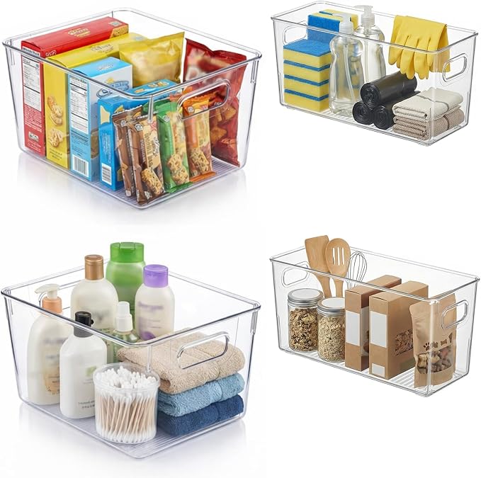 MOONEDGE 4 Pack Clear Plastic Organizer Bins, 2 Large & 2 Small Storage Set | Storage Bins for Pantry, Space-Saving Organizer Containers for Cabinets, Under-Sink, Bathroom, Kitchen, Freezer, Home Storage by MOONEDGE