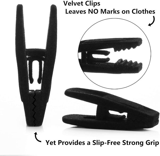 Black velvet hangers, ultra slim space saving, notches, tie bar, swivel hook, 30 pack, with bonus 20 matching velvet finger clips - Image 3