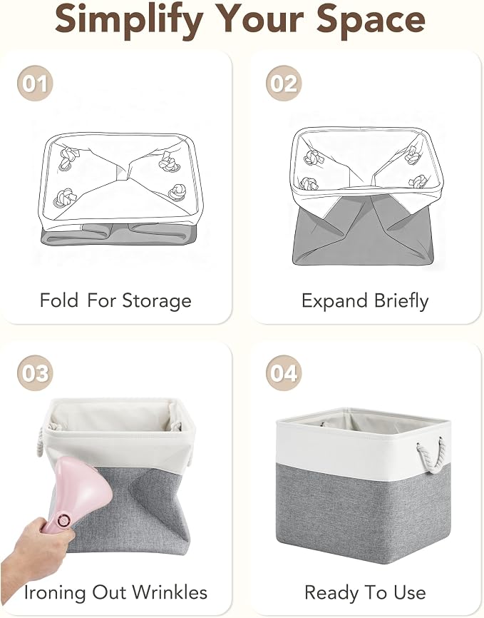 13x15x13 Inch Large Storage Bins with Cotton Rope Handles 6-Pack | Foldable, Top support of metal frame, Bottom with Cardboard Support, Fabric Cube Storage Bins for Closet, White Gray - Image 6