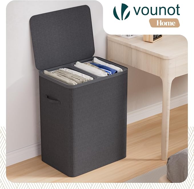 VOUNOT® 150L Laundry Basket with Lid, Rectangular 2 Compartment Laundry Hamper with Removable Bags & Handles, Foldable Laundry Bin for Bedroom, Bathroom, Utility Room, Anthracite - Image 2