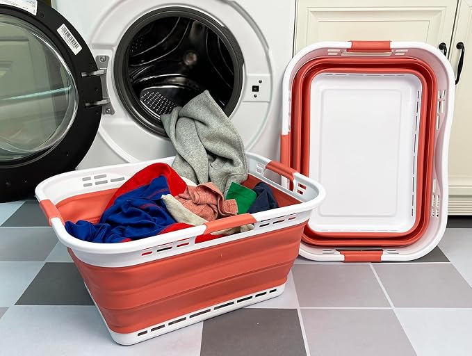 SAMMART Set of 2 Collapsible Plastic Storage Basket - Foldable Pop Up Storage Container - Portable Laundry Organizer - Space Saving Hamper (White/Blush Red, 42L (Style A)) - Image 3