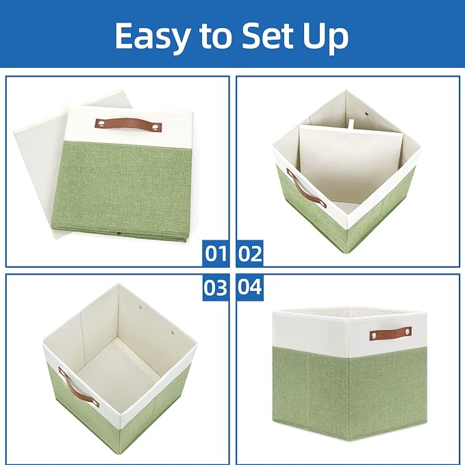 Temary 12 Inch Fabric Storage Cubes Storage Bins with Leather Handles, 4 Pack Cube Baskets Bins for Organizing Closet, Foldable Cloth Baskets for Shelves (White&Green) - Image 6