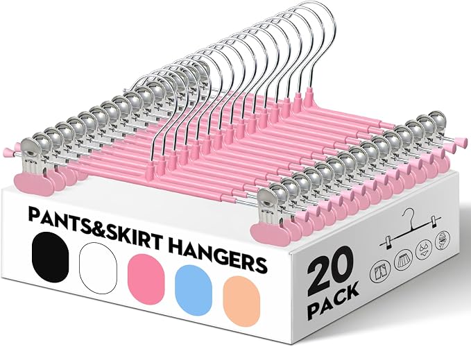 HUADYMEET 12 Inch Heavy Duty Pants Skirt Hangers with Clips,Pink,20 Pack | Metal,Space Saving,Adjustable,Hanger for Jeans Shorts Clothes Slacks Trousers,For Adult Men Women Children,Non Slip - Image 2