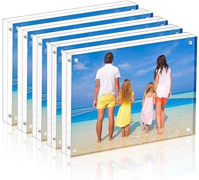 Meetu 5 Pack Acrylic Picture Frame 6x8,Clear Freestanding Double Sided 20mm Thickness Frameless Magnetic Photo Frames Desktop Display with Gift Box Package by Meetu