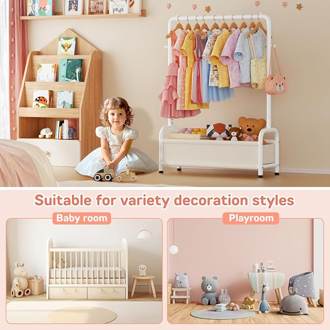 Kids Clothing Rack with Storage Shelf, Kids Dress Up Storage | for Coats, Small Baby Garment Rack for Hanging Clothes, Toddler Wardrobe Closet Organizer (Classic, White) - Image 6