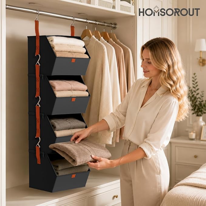 Hanging Closet Organizer 4 Tier - Clothes Hanging Shelves, Space-Saving Closet System, Fabric Storage Bins Bedroom Organization, Collapsible Baskets for Home, Dorm, Rv, Black - Image 2