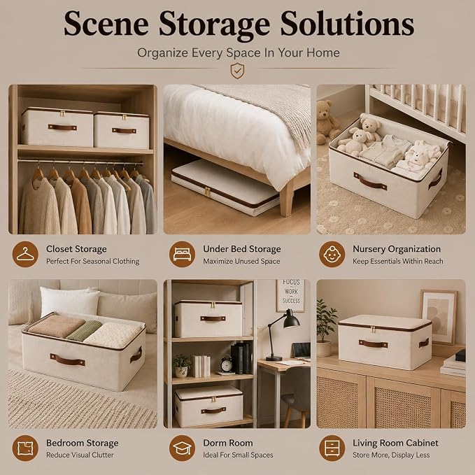 Tuza 3 Pcs Rigid Storage Bins with Zipper Lid, Cotton Linen Fabric Storage Boxes, Foldable Shelves Clothes Storage Cubes with Handles for Wardrobe, Closet(Beige, 15L) - Image 3