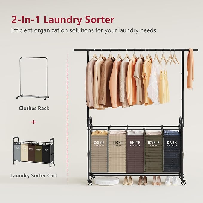 Laundry Sorter Cart with Hanging Rack, 5 Section, 5 Colors | 246L Rolling Laundry Hamper with Lockable Wheels and Removable Bag, Laundry Basket Organizer for Bathroom, Laundry Room - Image 3