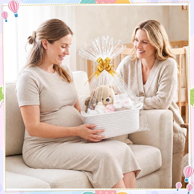 10 Pack Empty Gift Baskets, 12x8x5 Small White Woven Cotton Rope Baskets with Gift Bags & Ribbons, Decorative Baby Shower Hamper, Nursery Storage Basket with Handles for Shelves - Image 4