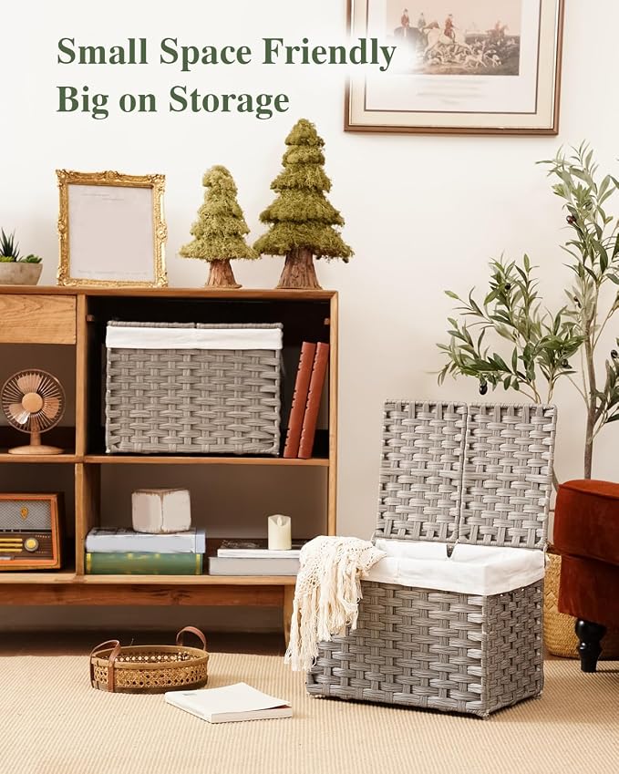 SETVSON Storage Basket with Lid, 9.2 Gal PE Rattan Trunk, Gray | Decorative PE Rattan Furniture Look for Bedroom, 2 Separate Lids, 2 Liners with Divider for Apparel & Essentials - Image 6