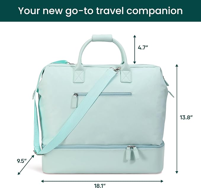 Nobl Travel Weekender Bag for Women & Men, Large Duffel Carry-On Tote | Trolley Sleeve, Separate Shoe Compartment & Laptop Pocket, Leather Overnight Bag for Airplane, Gym & Road Trips, Powder Blue - Image 4