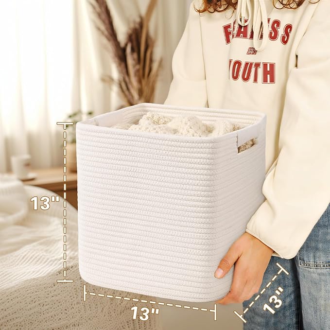 13 Inch Storage Cubes, 3 Pack Cube Storage Bins for Organizing, Cotton Rope Woven Baskets for Shelves, Bathroom, Kids Room, Closets, Baby Nursery - Image 5