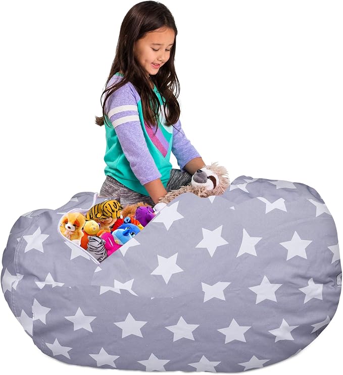Posh Creations Kids Stuffed Animal Storage Bean Bag Chair Cover - Childrens Toy Organizer, X-Large-48in, Canvas White Stars on Gray - Image 5