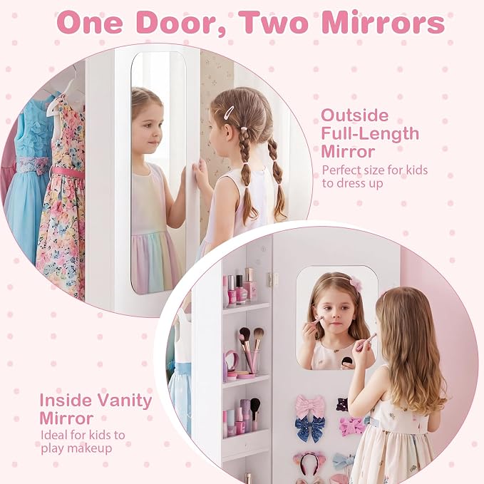 Costzon Kids Dress Up Storage with Mirror, Children Wardrobe Closet with Open Hanging Rack, Shelves and Cabinet, Kids Armoire Costume Organizer for Bedroom, Kids Room, Playroom, Preschool (White) - Image 5