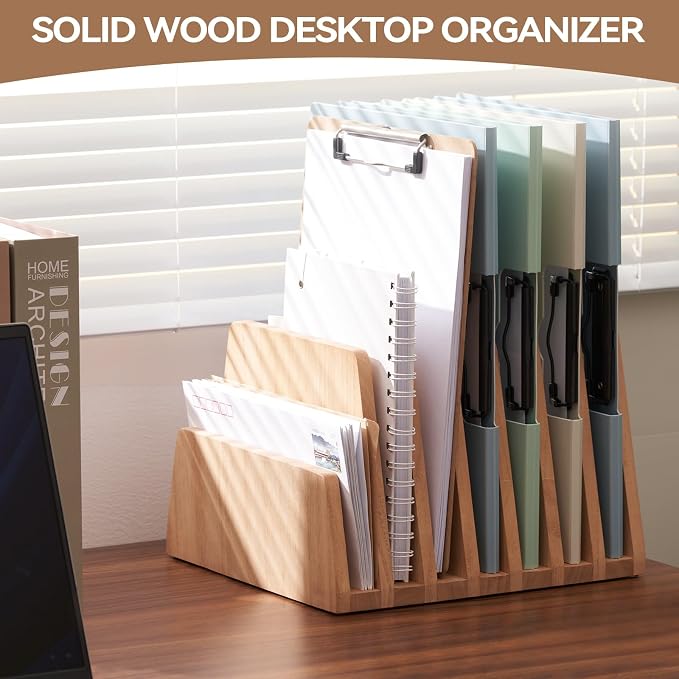 KIRIGEN Wooden File Organizer, 7-Slot Upright Holder for Desk Natural 7K-NA | Seven Upright Slots Sort Mail, File Folders, Papers, Bills, Envelopes, and Notebooks; 9.92 x 10.35 x 7.08 In, No Assembly - Image 2