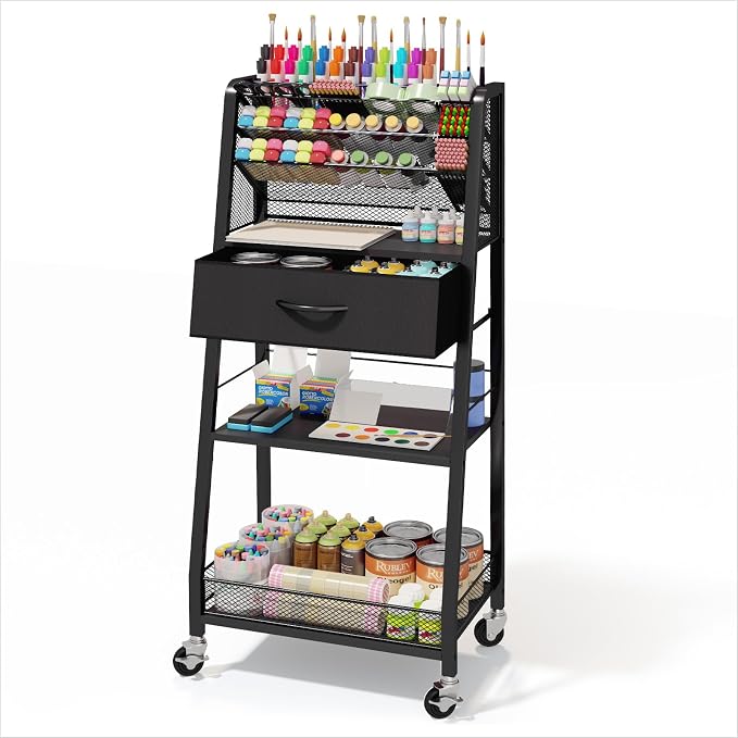 3 Tier Rolling Cart - Metal Utility Cart with Storage Drawer and Wheels, Versatile Art & Craft Organizer for Home, Office, or Studio - Ideal for Storing Brushes, Paints, and Supplies（Black） by Homsorout