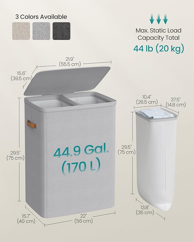 SONGMICS Laundry Basket, 44.9 Gal. Laundry Hamper, 2 Compartments, Easy Assembly, with Lid and Handles, Removable Inner Bags, 22 x 15.7 x 29.5 Inches, Dove Gray ULCB813G01 - Image 6