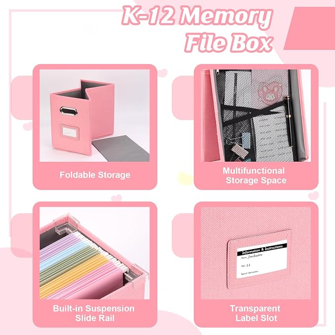 DOSTATNI School Years Organizer Kit K-12 School Years Memory Keeper with 15 Hanging File Folders Plastic 4 different Labels Memory Keepsake Box for kids Storage Pictures File Keeper (Pink) - Image 5