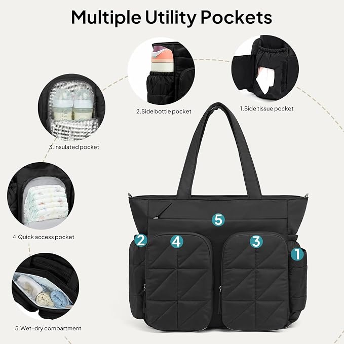 TOPEAST Diaper Bag Tote, Quilted Puffer Baby Bag with Insulated Pockets, Lightweight Hospital Bag for Mom & Dad, Travel, Work - Image 6