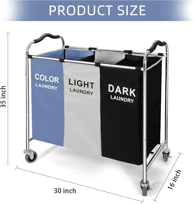 Laundry Basket, Large Laundry Hamper with Wheels, 3 Section Laundry Bag Organizer for Dirty Clothes; Dorm Room Essentials, Towel & Toys Storage Laundry Cart in Laundry Room Organization -BLUE - Image 3