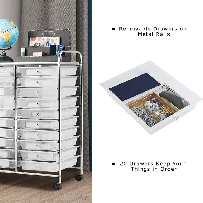 Giantex Storage Drawer Carts, 20-Drawer Organizer, Utility Cart on Wheels, Semi-Transparent Multipurpose Cart for Home Office School Supplies Tools Scrapbook Paper - Image 6