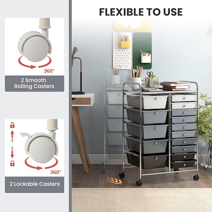 Moccha 15-Drawer Rolling Storage Cart - Under Desk Storage Drawers with wheels for Craft Art Supply Paper Salon, Scrapbook Paper Tools, Mobile Utility Cart for Classroom (15 Drawers, Gradient Grey) - Image 4