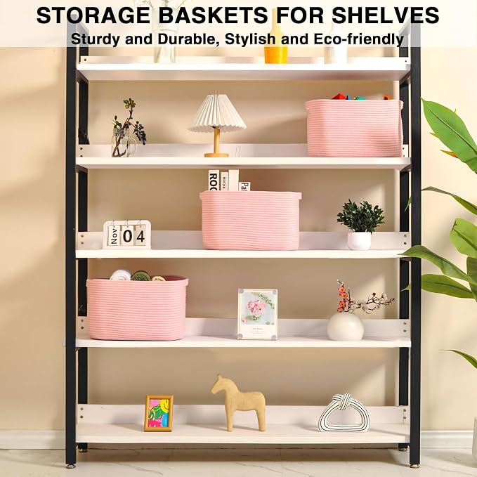 Pink Storage Baskets for Organizing Shelves, Woven Cotton Rope Baskets for Storage, Toy Basket for Kids, Cute Basket for Shelves Closet, 14.8"×11"×9.5", Pack of 3, Light Pink - Image 3