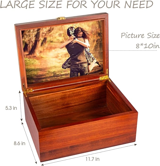 Larger Wooden Memory Keepsake Boxes With Hinged Lids and a photo frame inside the lid - Decorative Storage Box With a Hinge Lids For Picture Letter Time Capsule - 5.3“*8.6”*11.7“- Acacia - Image 5