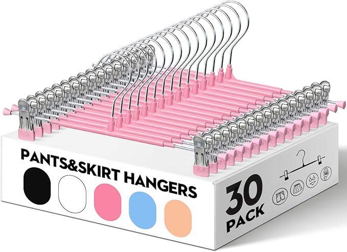 HUADYMEET 12 Inch Heavy Duty Pants Skirt Hangers with Clips,Pink,30 Pack | Metal,Space Saving,Adjustable,Hanger for Jeans Shorts Clothes Slacks Trousers,For Adult Men Women Children, Non Slip by HUADYMEET