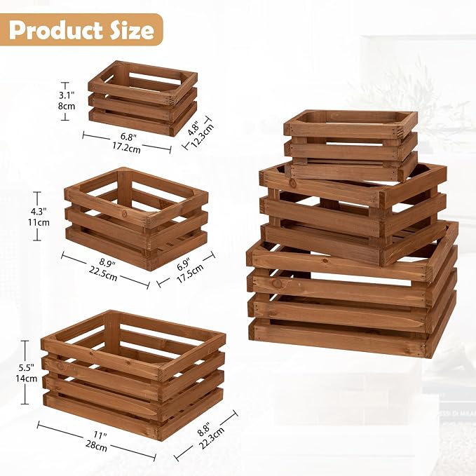 Set of 3 Nesting Wooden Storage Crates - Rustic Wooden Storage Crates for Display Brown Wood Container Boxes Wood Baskets for Farmhouse Flower Stand Display Rack for Shops or Exhibitions Home Decor - Image 5