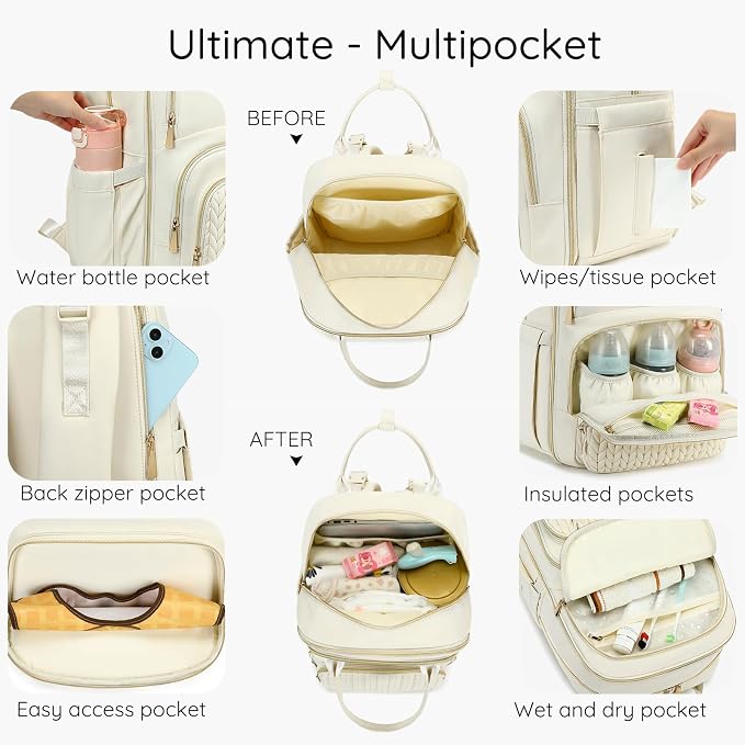 AIJIEKE Diaper Bag Backpack, Large Multi-functional Diaper Backpack, Beige | Waterproof lightweight baby backpack. With changing pad, stroller straps, insulated & wet/dry pockets. Mom & dad essential - Image 2