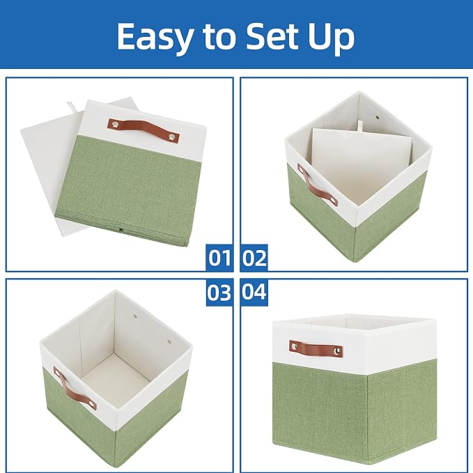 Temary Fabric Storage Bin 11x11 Cube Storage Bins for Home, 4 Pack Fabric Organizer Bins Cube Organizer Bins with Leather Handles Decorative Storage Bins for Shelf (White&Green) - Image 5