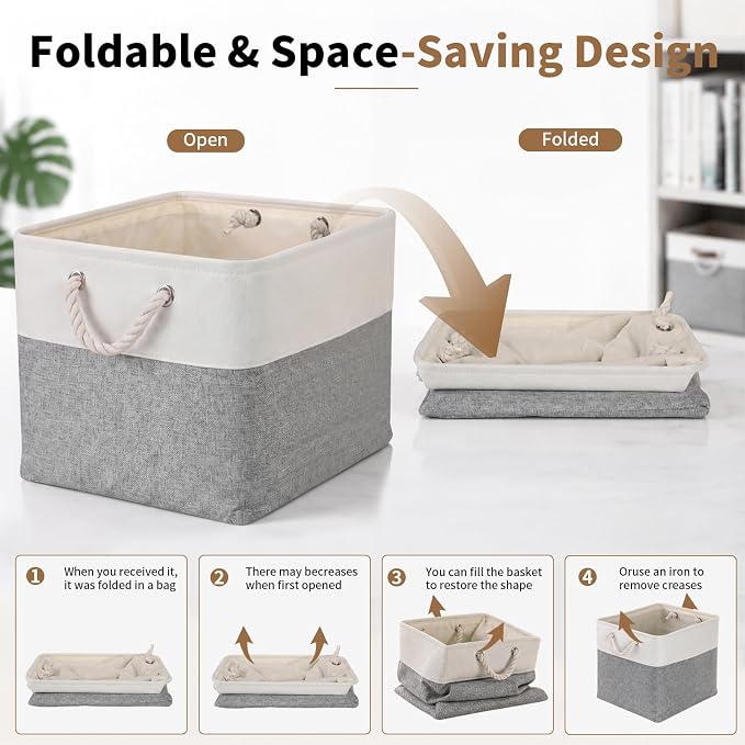 13×15×13 Inch Foldable Fabric Storage Basket with Handles | Large Storage Basket,6 Pack Storage Cubes,Home Organisation Solutions,Closet Storage (White&Gray) - Image 4