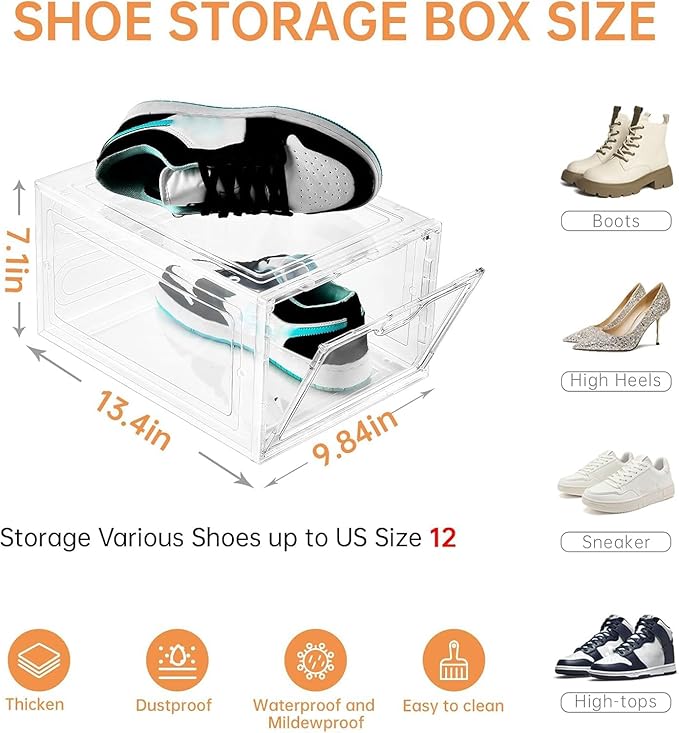 INSTY 12 Pack Large Shoe Storage Box, Clear Shoe Storage Organizer with Magnetic Door, Stackable,Shoe Containers For Display Sneakers, Easy Assembly, Fit up to US Size 12, Clear - Image 2