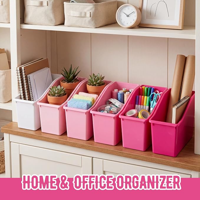 Geetery 12 Pcs Book Bin for Classroom with Labels Stackable Plastic Organizing Bins 11.5 x 5.4 x 7.5 in Book Holders Storage Bins Box Baskets for Classroom Library Home (Pink Color Series) - Image 4