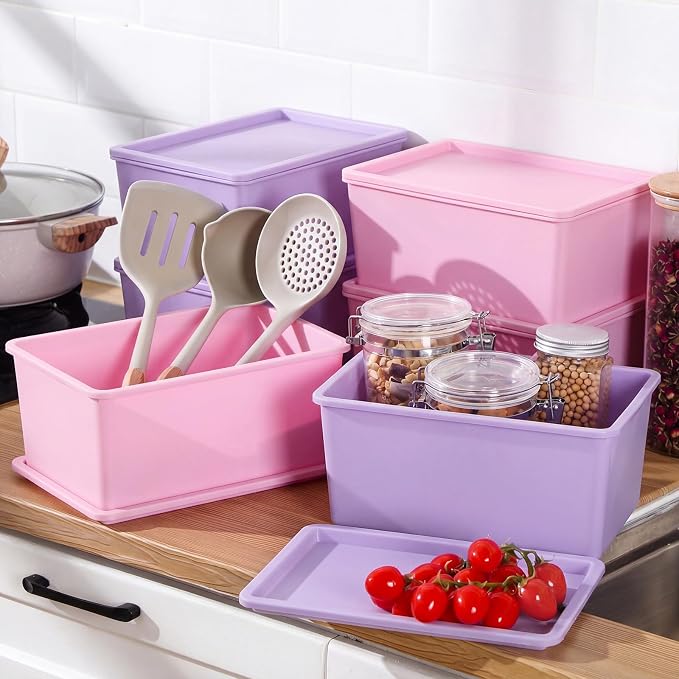 6 Pcs Small Plastic Storage Bins with Lids,Pink, Purple - Image 4