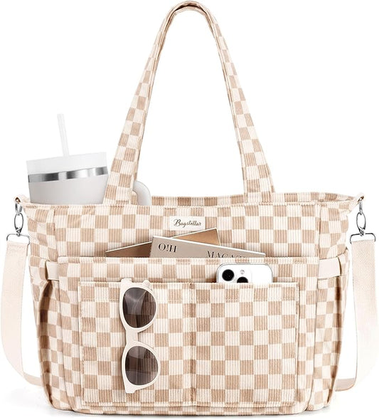 Bagstellar Corduroy Tote Bag for Women, 17 Pockets Laptop Work Tote Purse | Large 15.6” Computer Bag w/ 40oz Cup Holder & Strap, Zipper Teacher Nurse Bible Shoulder Bag for School Travel College Office by Bagstellar