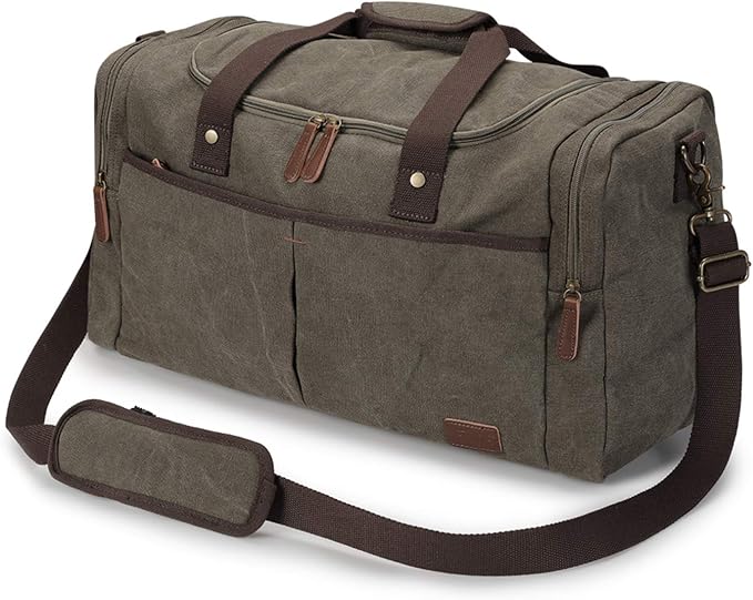S-ZONE Canvas Duffel Bag for Travel Weekender Overnight Travel Bags for Men | Cotton Canvas, 45L Large Size, Shoes Compartment,Multi-Pocket, Removable Shoulder strap for Gym or Business, Army Green by S-ZONE