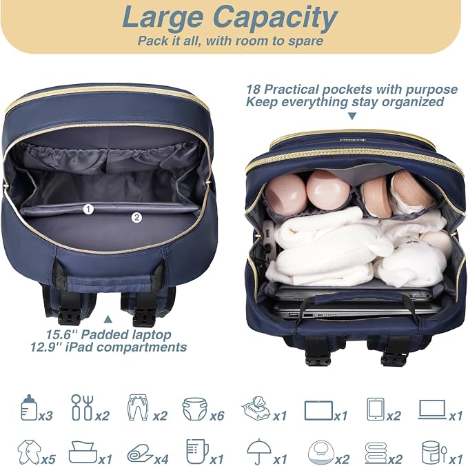 Diaper Bag Backpack, Quilted Baby Bag with Changing Pad & Stroller Straps & Pacifier Case, Large Travel Diaper Bags for Mom Dad, Blue - Image 5