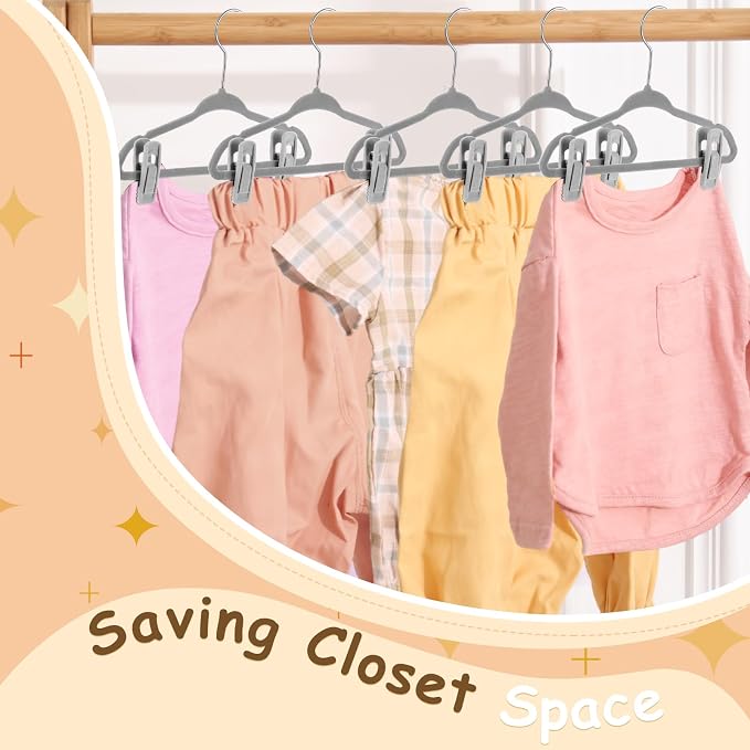 20 Pack Velvet Hangers for Baby & Kids, 11 Inch Non-Slip Infant Clothes Hangers with 40 Multi-use Adjustable Clips, Slim Space Saving Hanger for Nursery Closet, Toddler Skirts Pants Coat, Grey - Image 6